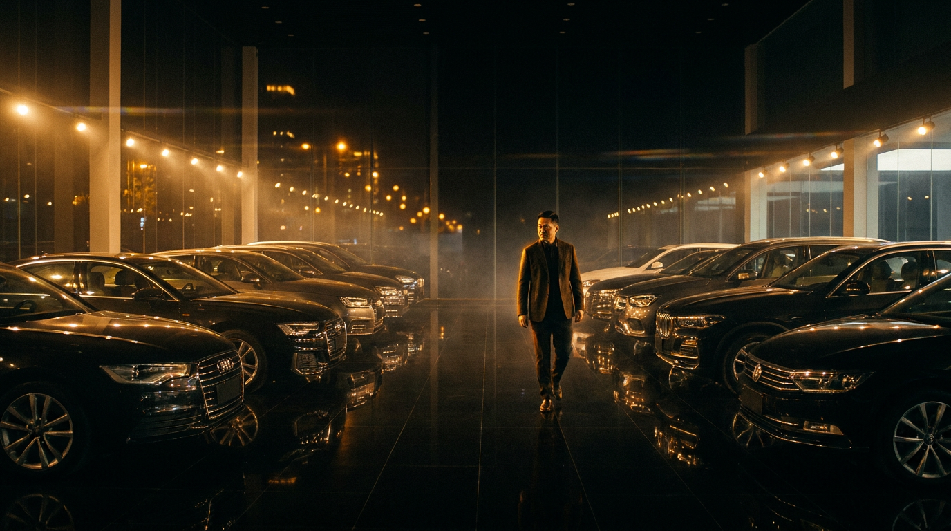 Ряды новых автомобилей в крытом автосалоне Китая, менеджер осматривает машины